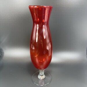 Vintage 1980s Japanese Art Glass Vase Vessel Orange With Clear Swirl Stem Bottom